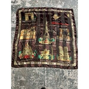 Vtg BIENVENUE A PARIS LA TOUR EIFFEL Arche Scarf Wrap Shawl 36" x 36" Brown Gold